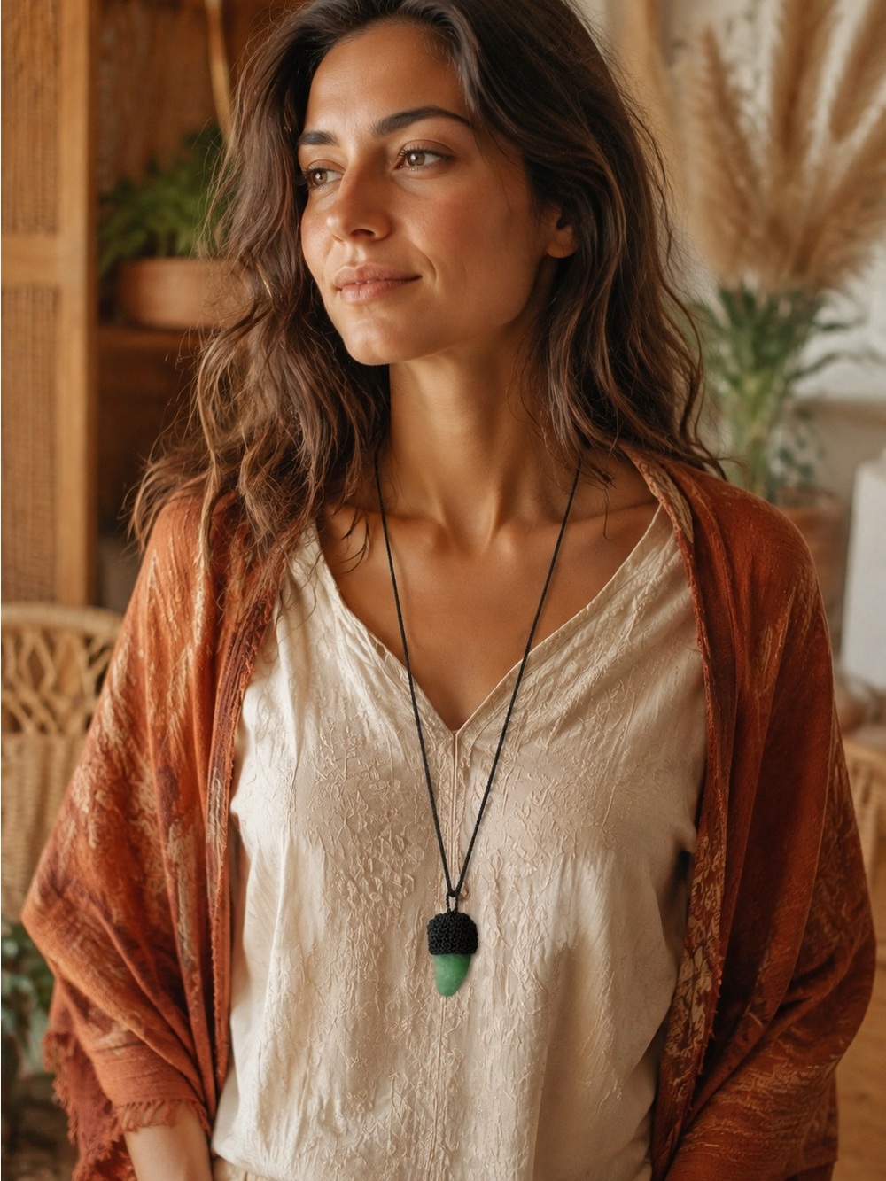Free People Green Stone Macramé Pendant Necklace NWT MSRP $99